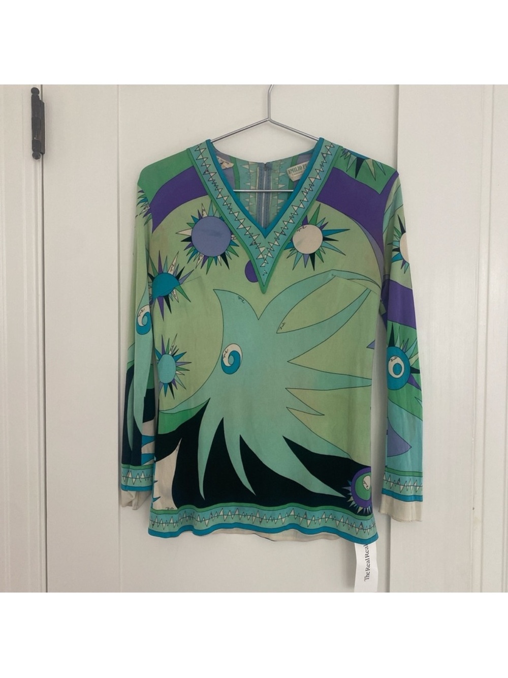 Emilio Pucci Green & Purple V-Neck Long Sleeve Graphic Top